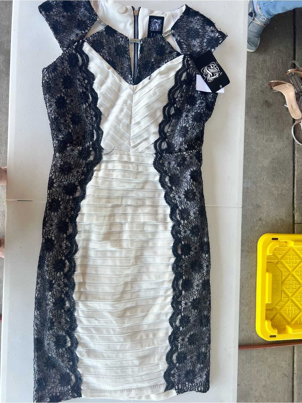 Jax Black Lace Overlay White Midi Sheath Dress